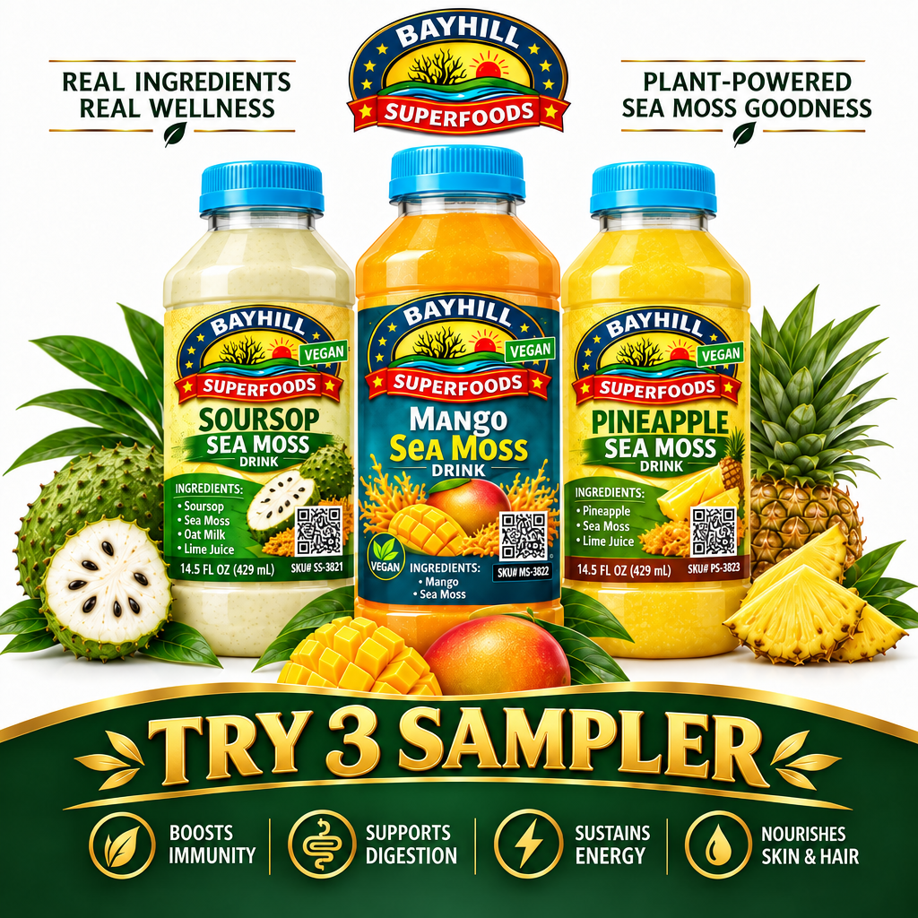 BAYHILL SUPERFOODS Try 3 Sampler - Soursop, Mango, Pineapple Sea Moss Drinks with waterfall blue caps