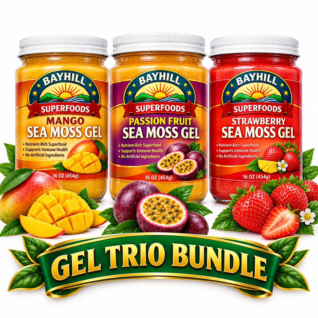 BAYHILL SUPERFOODS Sea Moss Gel Trio Bundle - Mango, Passion Fruit & Strawberry 16 oz white-lid jars