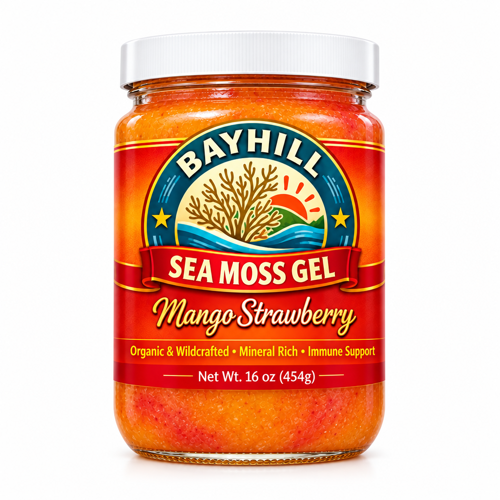 BAYHILL SUPERFOODS Mango Strawberry Sea Moss Gel - 16 oz white lid glass jar
