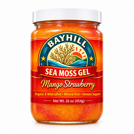 BAYHILL SUPERFOODS Mango Strawberry Sea Moss Gel - 16 oz white lid glass jar