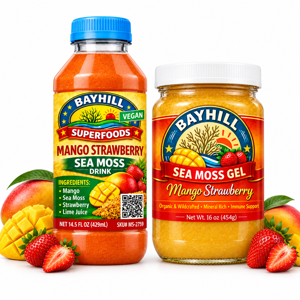 BAYHILL SUPERFOODS Sea Moss Drink & Gel Bundle - Mango Strawberry 14.5 fl oz drink + 16 oz white-lid gel jar