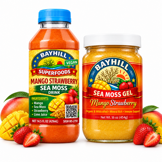 BAYHILL SUPERFOODS Sea Moss Drink & Gel Bundle - Mango Strawberry 14.5 fl oz drink + 16 oz white-lid gel jar